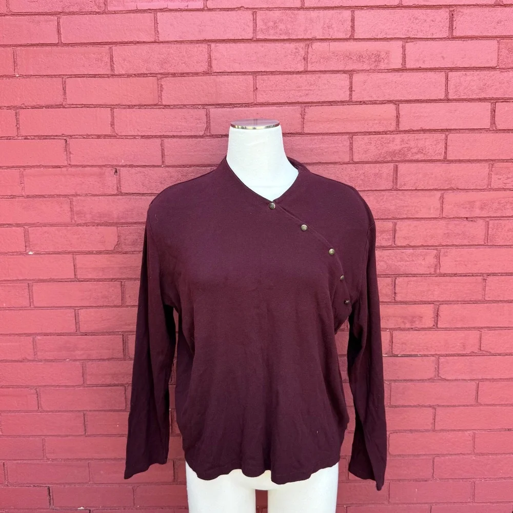 Lauren Ralph Lauren Womens 2X Burgundy Cotton Asymmetrical Button Top Old Money